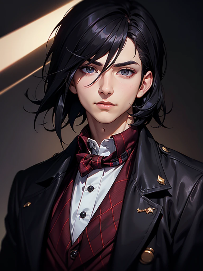 ((Portrait)), He has a Charismatic, Black-Haired Appearance, with a Slim, Yet Fit Build and a Self-Assured Aura. His Light Gray Eyes Sparkle with Wit and Charm, Giving Off a Youthful and Dynamic Look. His Short, Tousled Black Hair Frames His Face. He Wears a Stylish Black Trench Coat over a Red Plaid Vest, Paired with a Black Scarf. His Outfit Gives Off a Sleek and Fashionable Vibe. ((Portrait, HDR, Dark Background))
