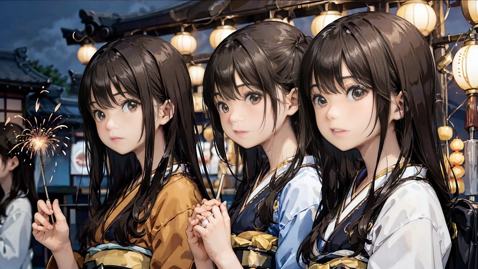 (Japanese man、Brown Skin、long)   and  (Japanese Girls) wearing kimono holding hands as they watch the fireworks festival in Japan