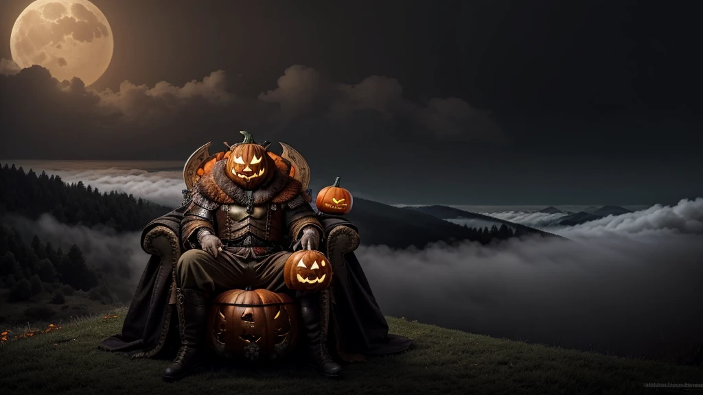 A large monster with a pumpkin head, on top of a throne, this monster is surrounded by fog on top of a castle, he has servants serving him, and these servants are little pumpkin monsters, this monster has an orange staff,
and has a beautiful redheaded woman on his lap