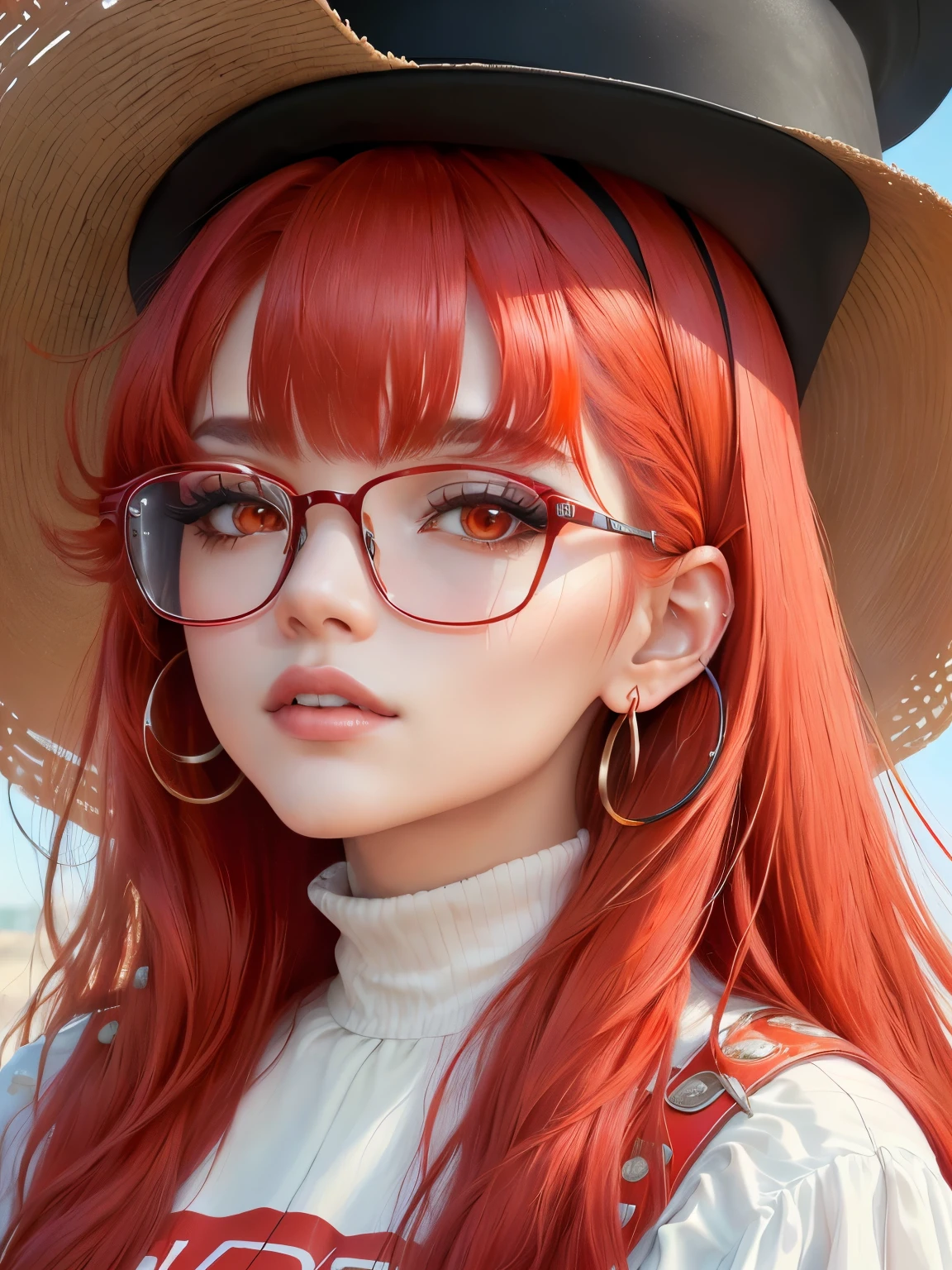 a close up of a woman Con cabello rojo wearing a hat, jossi de blackpink, sun yunjoo, she has long redpelo naranja, portrait of jossi de blackpink, parque roseanne de blackpink, jia, Con cabello rojo, kim taejin, pelo naranja, con el pelo largo y rojo, kim doyoung, kda, lentes de contacto rojos