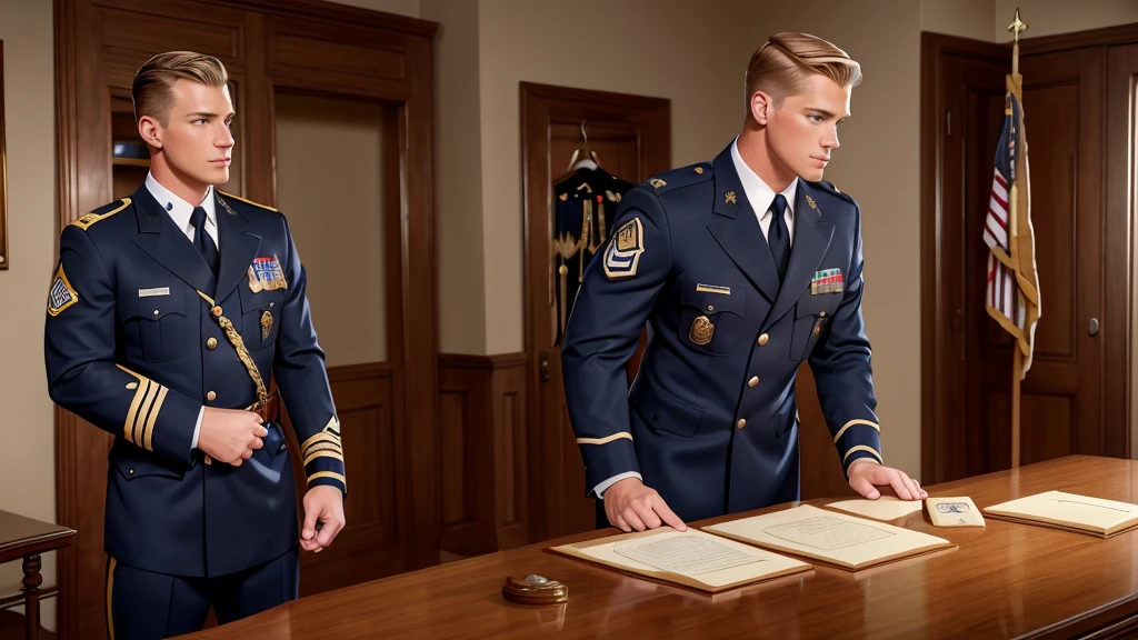 Leyendecker style illustration : A handsome blond guy, 17 years old, looks at the ceremonial officer's uniform of a "Navy Seal" with awards, which hangs on a suit hanger standing on the floor, and engages in masturbation. Watching him from behind is a naked, blond, muscular Navy SEAL officer, 35 years old, handsome and arrogant. The officer has a big dick, an erection, and a boner.