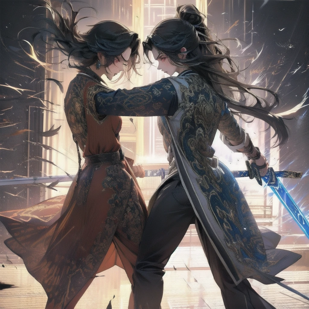 2Boy, Masterpiece, smooth, two skilled warriors fighting with swords, void-like white background, one had black hair and holding a white sword, engraved patterns, glowing elements, looking at each other, curved ornate sword, other had a blonde hair and red eyes, Rudra, determined expression, the other warrior's facing the viewer, sleek futuristic combat attire, high-tech elements, dual-edged energy sword, agile movements, tactical evasion, soft ambient lighting, intense and dynamic duel, back view,