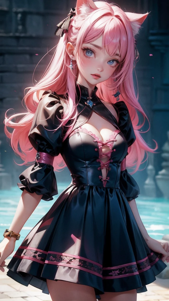 Cute Girl, cowboy shot,girl with cat, black cat, pink hair blue eyes, avatar, very short volant lacy skirt, deep cleavage showing her small breast.