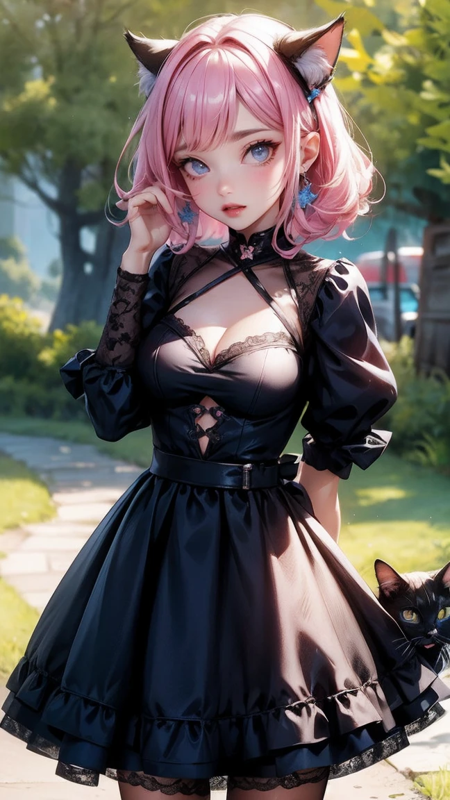 Cute Girl, cowboy shot,girl with cat, black cat, pink hair blue eyes, avatar, very short volant lacy skirt, deep cleavage showing her small breast.