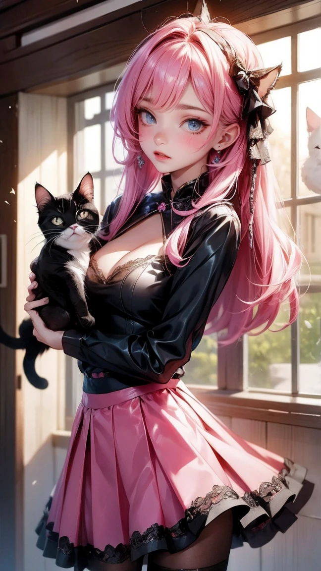 Cute Girl, cowboy shot,girl with cat, black cat, pink hair blue eyes, avatar, very short volant lacy skirt, deep cleavage showing her small breast.