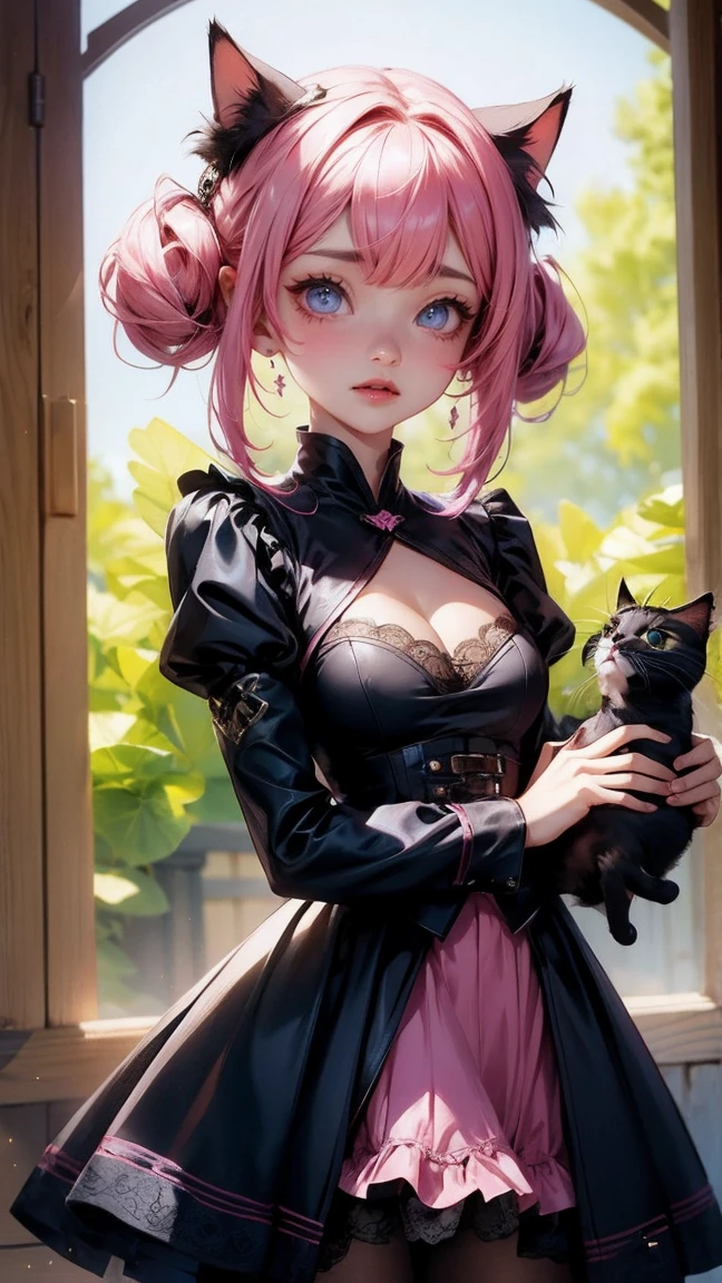 Cute Girl, cowboy shot,girl with cat, black cat, pink hair blue eyes, avatar, very short volant lacy skirt, deep cleavage showing her small breast.
