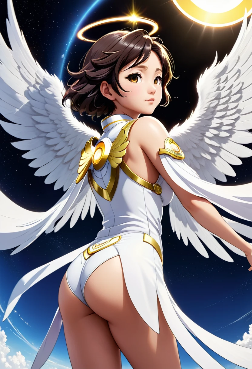 Fraction_9, Fraction_8_Direction_7_up, src_Japanese cartoons, detailed, 8K, angle, Rating, From the back, Wide-angle lens, A white-winged angel is flying，Looking down, Halo, Perfect face,