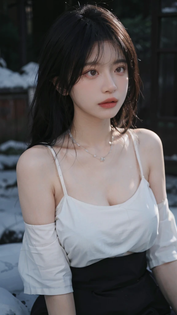 Portrait photography,1 girl,snow,Snow Scene,Heavy makeup,Bare shoulders,Lipstick,(Big breasts:1.4),Shoulder-Length Wavy Hair,Wear a necklace,scarf,Earring short sleeves,serene,calm,(Realistic and detailed eyes,Natural skin texture,Realistic facial details),Soft dramatic lighting,Depth of Field,Bokeh,Big breasts,Areola,,Cleavage,Vibrant details,In detail and in detail,Surreal,35mm,hazy,
