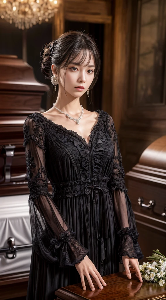 Cowboy Shot、(Updo with bangs)、straggling hair、Black Hair、(Hanging Hair)、((widow))、((mourning dress))、((((Black long sleeve mourning clothes))))、(((Japanese-style room)))、((((Funeral))))、Black formal wear、Highest quality,(RAW Photos:1.2)、(Realistic:1.4),(High resolution:1.4), 1 Girl, Written boundary depth,, Exquisitely crafted,8K, Very detailed, Perfect lighting, Spectacular Background、((Delicate painting))，(女の子の詳細なRAW Photos),(Highest quality:1.6), (超High resolution:1.5), (Realistic:1.75), 8K resolution, Canon EOS R5, 50mm,  Very detailedな,Cinema Lighting,Correct finger、sit、Pearl Necklace、Pearl Earrings、(Clothing that covers the chest)、((There is a coffin))、((Minimally revealing clothing))、(The altar is decorated with a bouquet of chrysanthemums.)、candlestick、