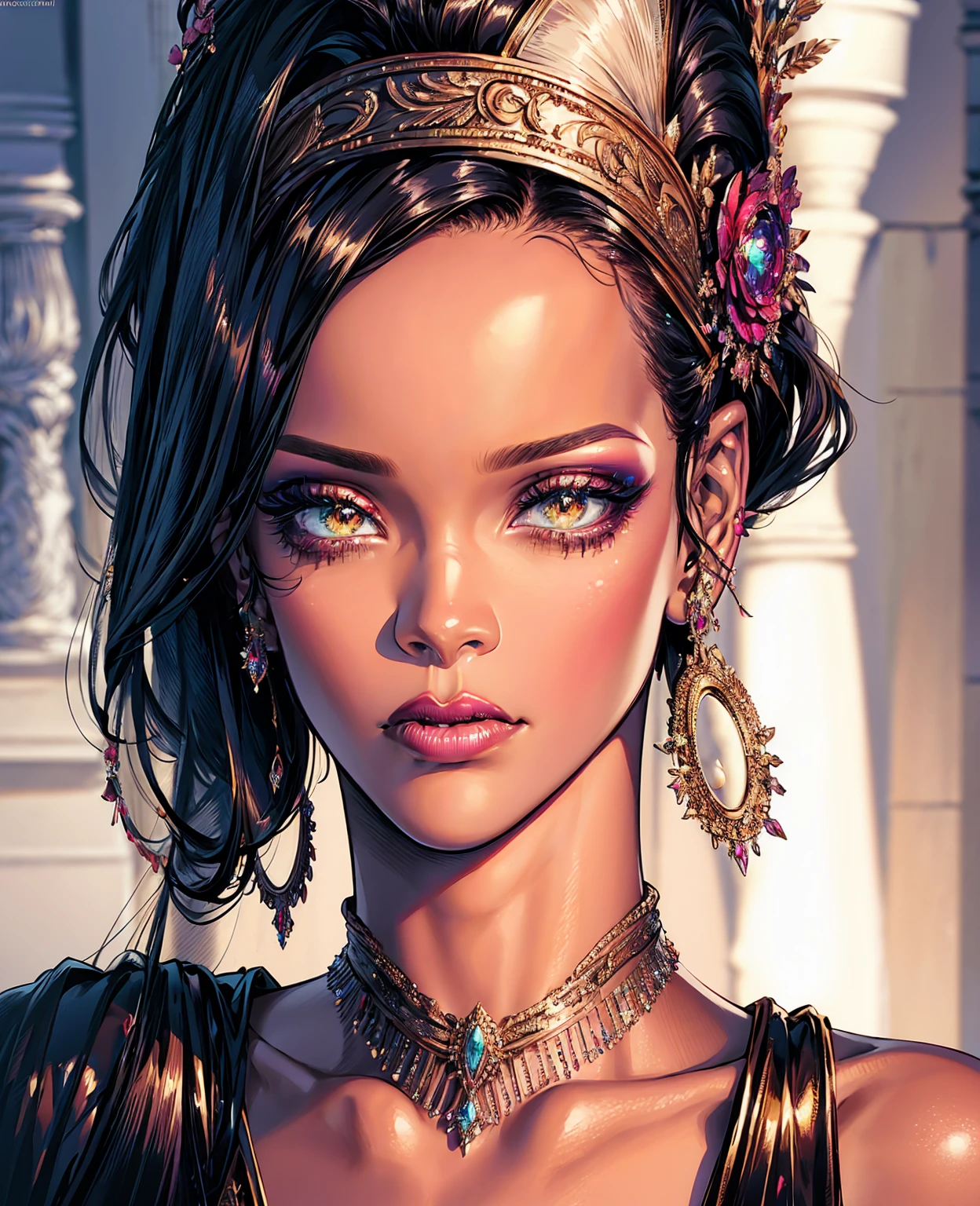 a beautiful, detailed portrait of rihanna, photorealistic, high resolution, 8k, detailed eyes and lips, long eyelashes, flawless skin, high fashion makeup, elegant hairstyle, intricate jewelry, luxurious dress, dramatic lighting, cinematic composition, vibrant colors, masterpiece