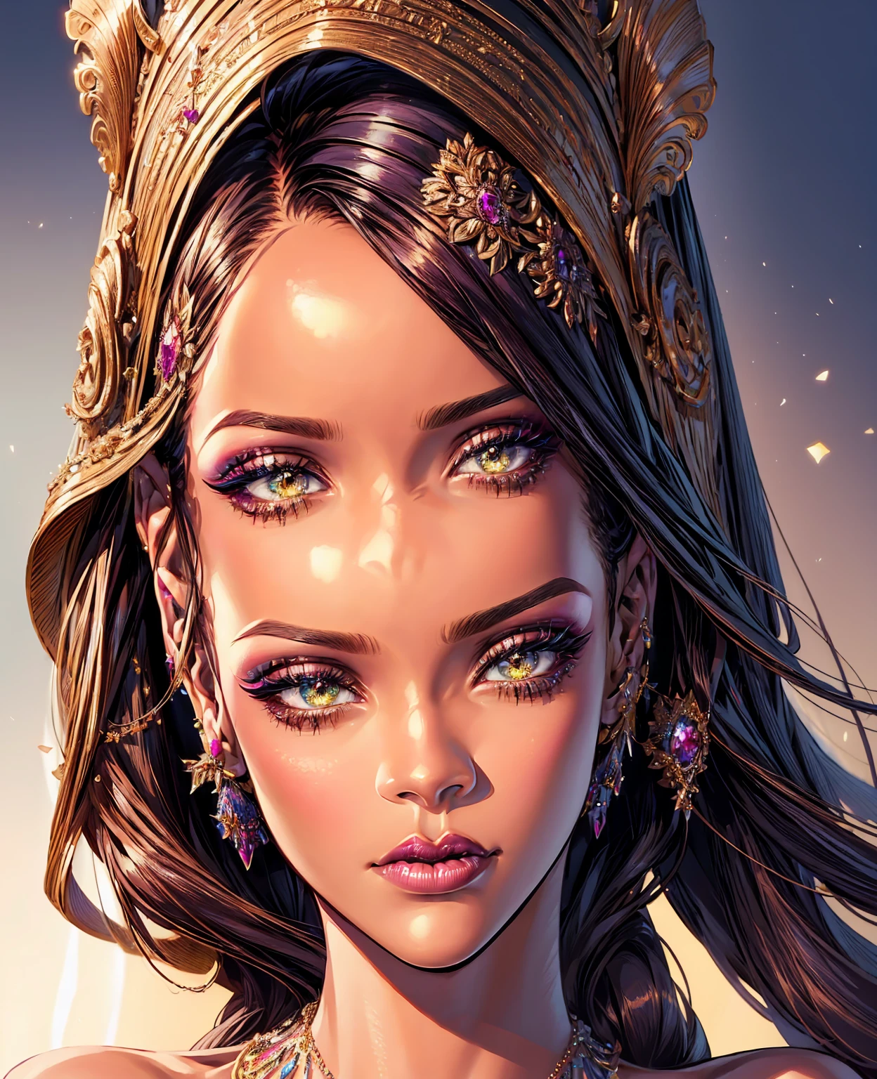 a beautiful, detailed portrait of rihanna, photorealistic, high resolution, 8k, detailed eyes and lips, long eyelashes, flawless skin, high fashion makeup, elegant hairstyle, intricate jewelry, luxurious dress, dramatic lighting, cinematic composition, vibrant colors, masterpiece