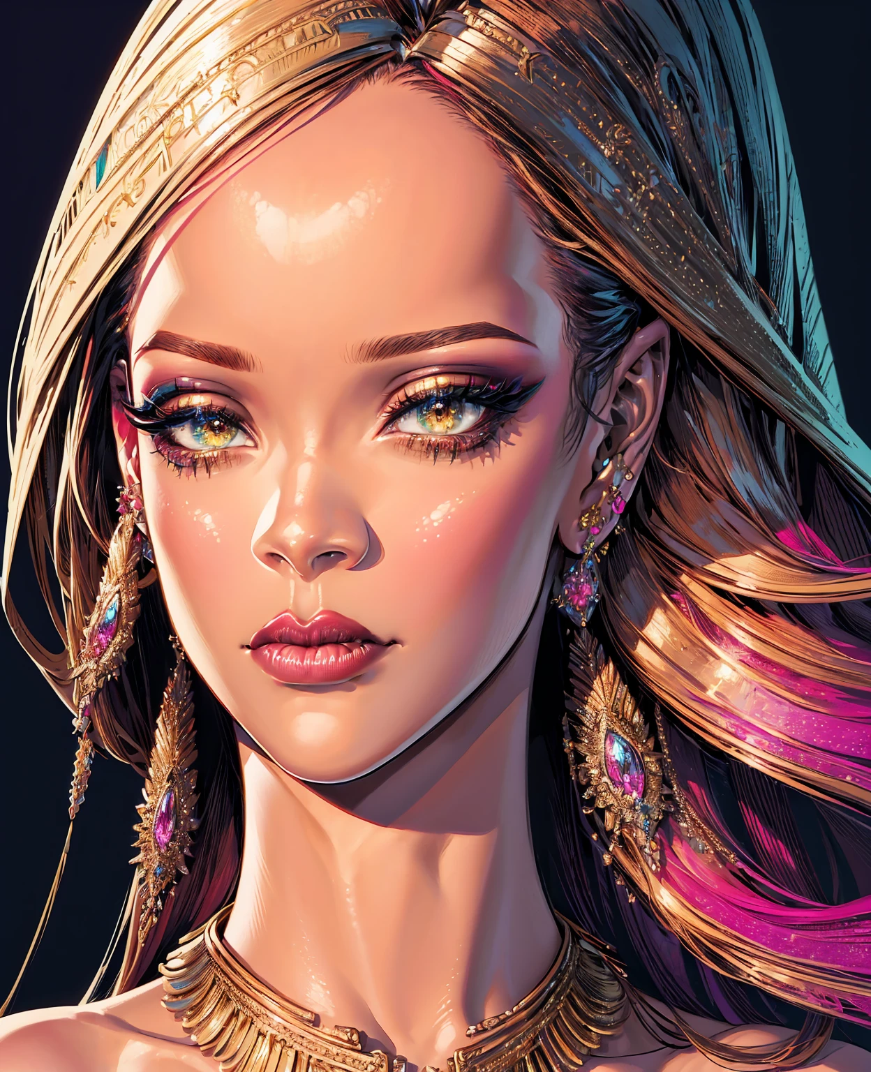 a beautiful, detailed portrait of rihanna, photorealistic, high resolution, 8k, detailed eyes and lips, long eyelashes, flawless skin, high fashion makeup, elegant hairstyle, intricate jewelry, luxurious dress, dramatic lighting, cinematic composition, vibrant colors, masterpiece