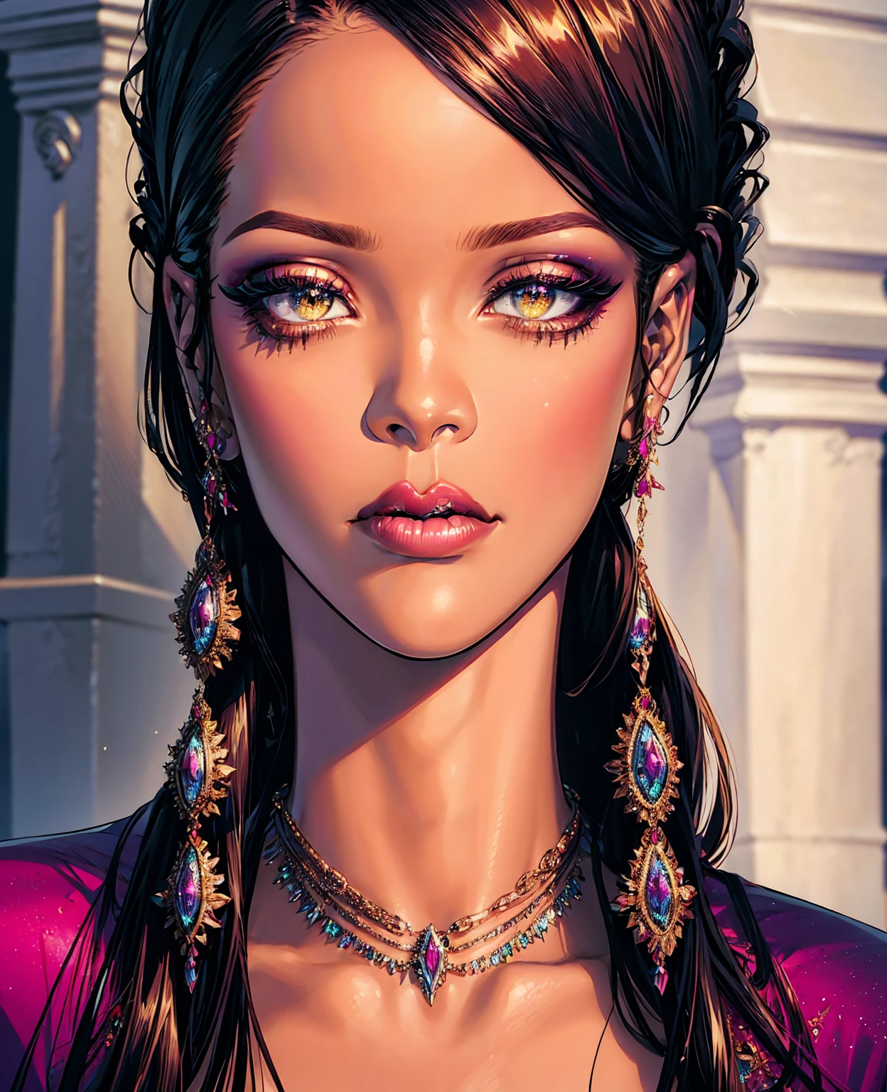 a beautiful, detailed portrait of rihanna, photorealistic, high resolution, 8k, detailed eyes and lips, long eyelashes, flawless skin, high fashion makeup, elegant hairstyle, intricate jewelry, luxurious dress, dramatic lighting, cinematic composition, vibrant colors, masterpiece