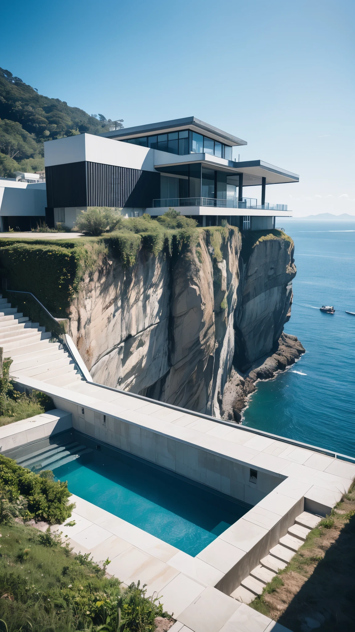 A stunning minimal black and white mansion designed by Dieter Rams, BRAUN. Product ad retro. industrial design inspiration. Unreal engine render, natural lighting, on cliffside overlooking the ocean.maximalist, palatial scene, dream pool, luxury lifestyle, stunning view, luxurious theme, сastle on the rock, professional color grading, soft shadows, no contrast, clean sharp focus, film photography , 4k, clear image, promotional lighting,Hyper realistic,Ultra Detailed,Masterpiece, best quality,8k,,4k resolution,RAW, Nikon Z9,