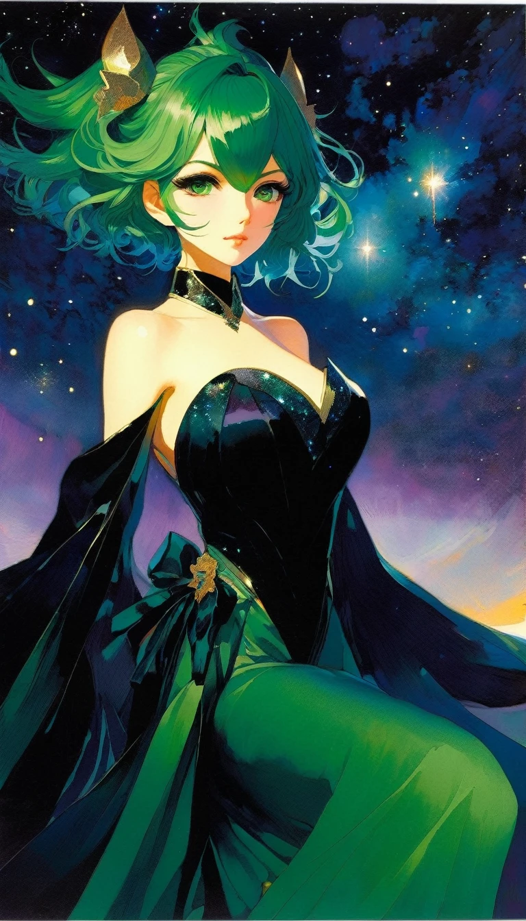 1girl, kuki shinobu, genshin impact, green hair, black evening gown, shoulders, sleeveless, clavicle, plunging neck line, sensual, pose, thighs,night, starlit sky, beautiful detailed sky, (masterpiece:1.2), (best quality:1.2), (very aesthetic:1.2), (absurdres:1.2), (detailed background),(art inspired by Bill Sienkiewicz). oil painting)