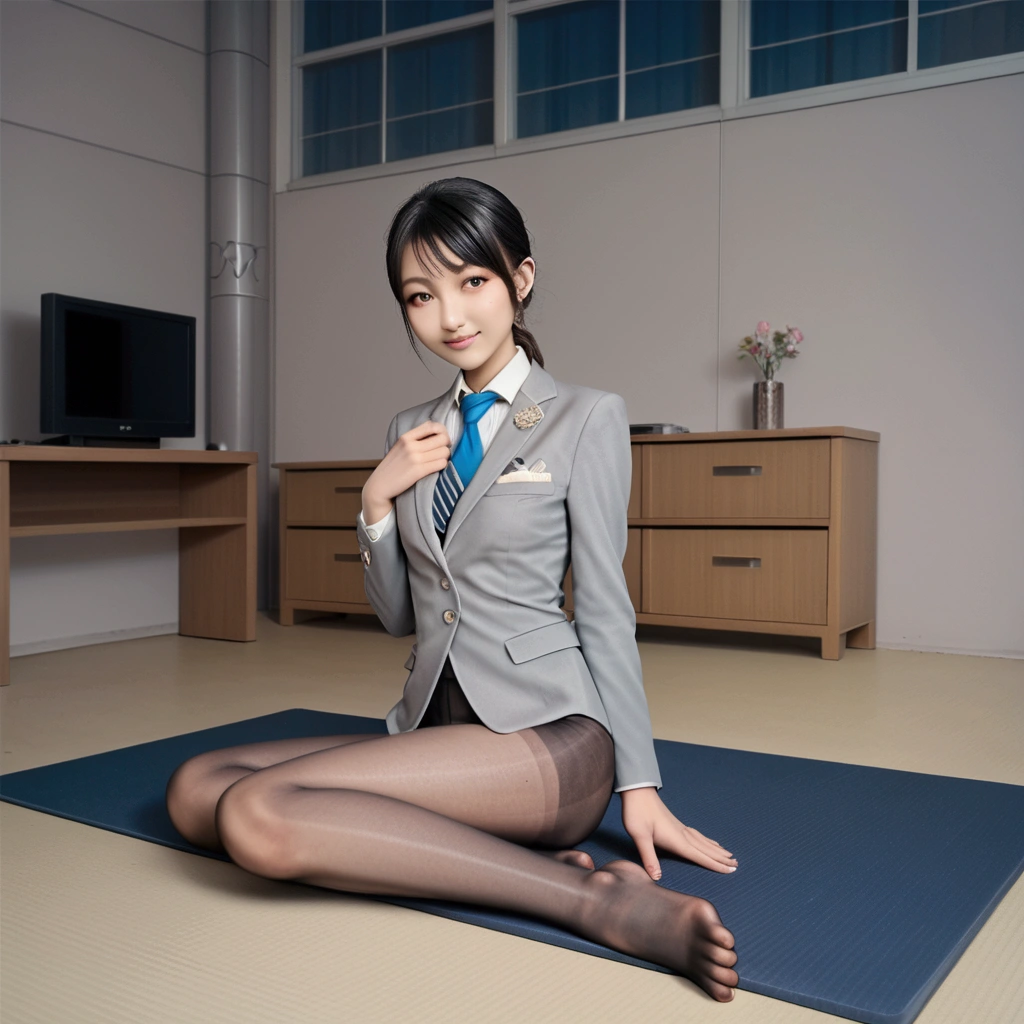 score_9, score_8_up, score_7_up, score_6_up, score_5_up, score_4_up, ,Woman in business clothes and wearing a tie sitting on a mat, High-quality photos, High quality photos, lower angle, Photo taken with Nikon D750, Photo taken with Nikon D750, doing an Elegant pose, Marketing Photos, Yoshitomo Nara, Wearing a strict business suit, Elegant pose,pantyhose