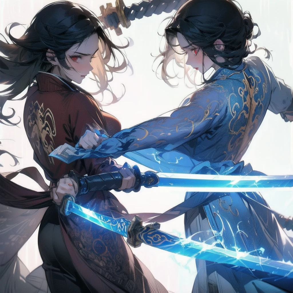 2Boy, Masterpiece, smooth, two skilled warriors fighting with swords, void-like white background, one had black hair and holding a white sword, engraved patterns, glowing elements, looking at each other, curved ornate sword, other had a blonde hair and red eyes, Rudra, determined expression, the other warrior's facing the viewer, sleek futuristic combat attire, high-tech elements, dual-edged energy sword, agile movements, tactical evasion, soft ambient lighting, intense and dynamic duel, back view,