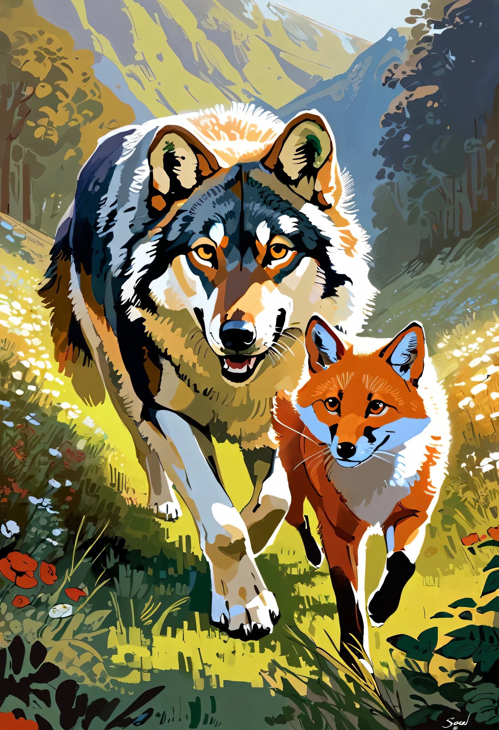 ((large gray wolf running with a fox)), feral, (by seyorrol), (tail), ((intricate detailed background, field background)) realistic shading, (epic, masterpiece, high quality, 8k, ultra HD, absurd res, top quality, best quality, max quality, masterpiece), (correct anatomy:1.2), snout, fur, (((realistic eyes))), (dynamic lighting), (((happy, expressive)), (detailed eyes), ((headshot)), ((eye contact)),