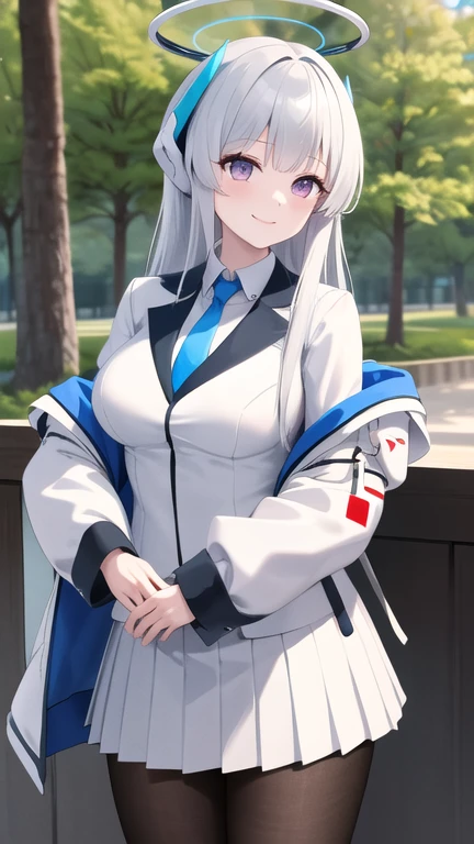 masterpiece, best quality, highres, aanoa, long hair, headgear, mechanical halo, large breasts, blue necktie, white shirt, off shoulder, white jacket, open jacket, long sleeves, white skirt, pleated skirt, black pantyhose, standing, cowboy shot, outdoors, smile
