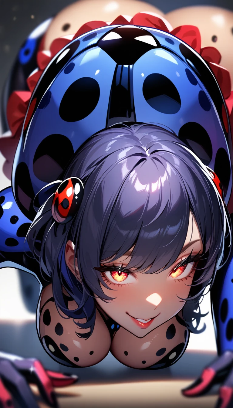 1girl,solo,super detailed skin,shiny skin,happy smile, ladybug skin, ladybug body, ladybug hair ornaments,glowing eyes,eyelashes,lips gloss ,large breasts,beautifully shaped breasts, ,ladybug girl,all fours,masterpiece,best quality,ultra detailed,high resolution,sharp focus,depth of field,