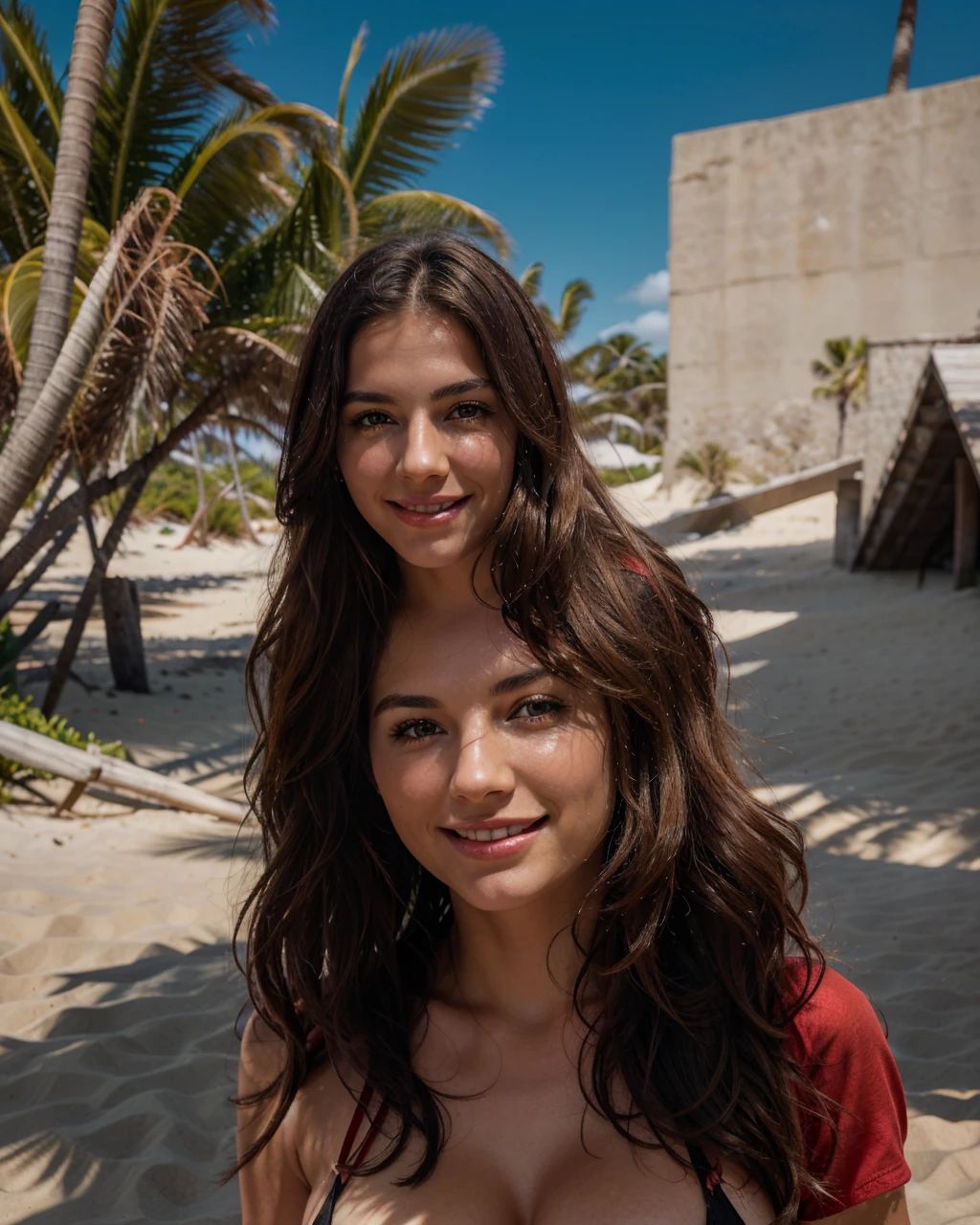 a beautiful smiling spanish woman with long wavy blonde hair, green eyes, a pretty face and large breasts, on a beach facing the ocean, wearing a red and black bikini, extremely detailed, realistic, photorealistic, ultra-detailed facial features, 4k, high quality, vivid colors, warm lighting, beautiful landscape, ocean waves, sandy beach, clear sky, natural lighting
