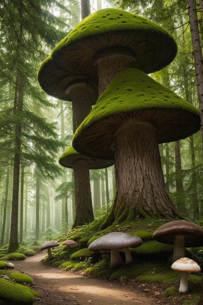 Magical forests with mushrooms, various trees and little elves