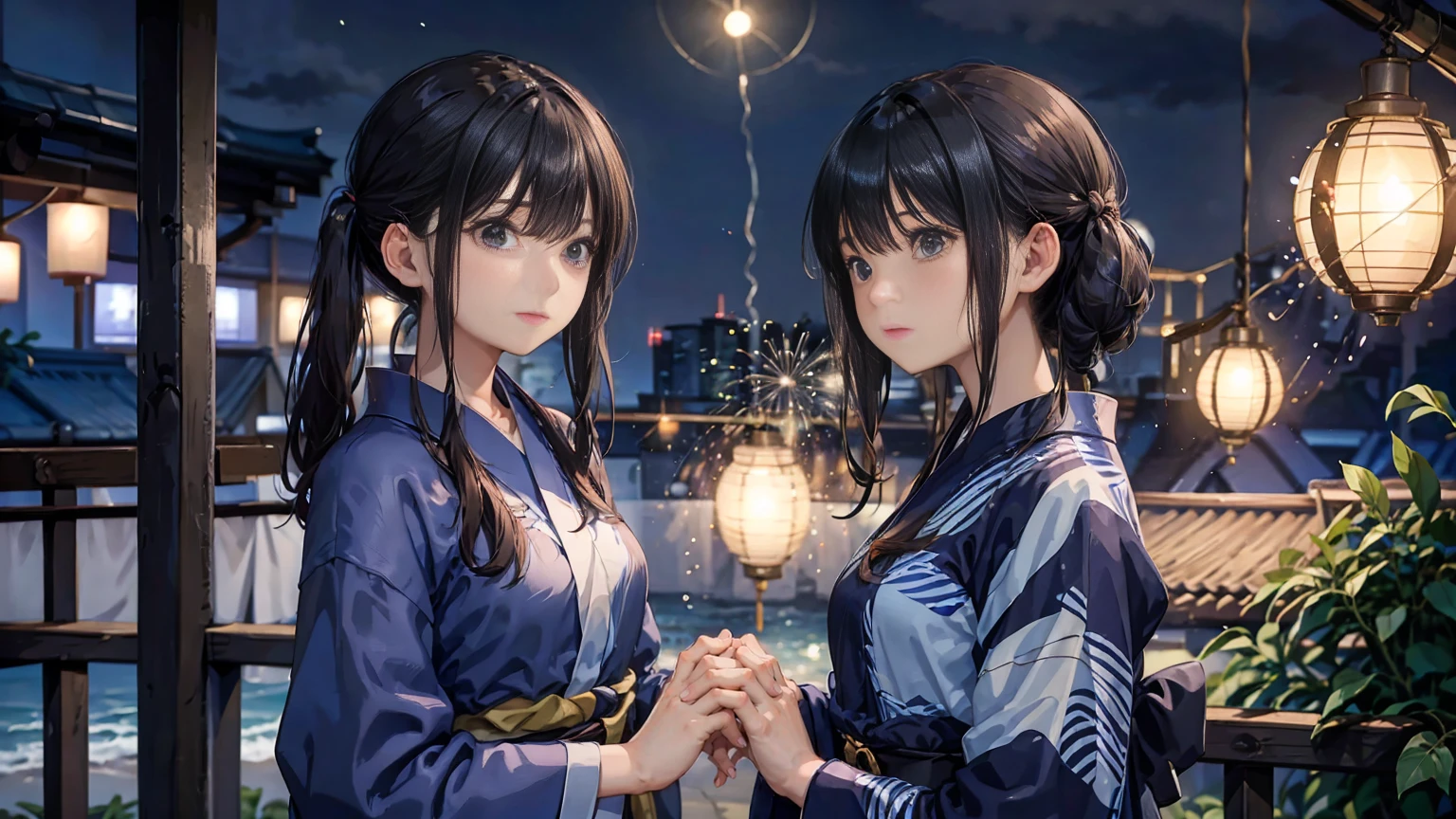 male２５Wearing a jinbei、female１７Wearing a yukata、night、The background is a sky full of fireworks、Gazing at each other、Intertwine hands、Upper Body、
