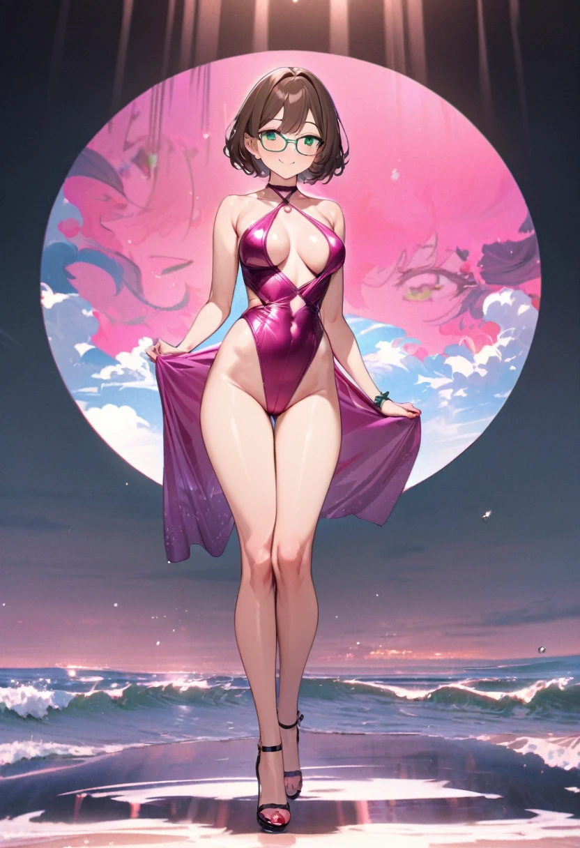 (full body Swimwear style) (beautiful body), (solo:2, 32 yo, bob brown hair short hair cute woman, beautiful green eyes, glasses, happy smile, love mode, medium:1.2 tits), (in a elegant:1.3 pink leather halter neck dress swimsuit, Ruby double exposure:1.1), break, in the Swimsuit contest venue, background detailed beautiful Coast, BREAK, perfect anatomy, masterpiece, best quality, 16k, beautiful detailed love, sexy, daydreaming expression.