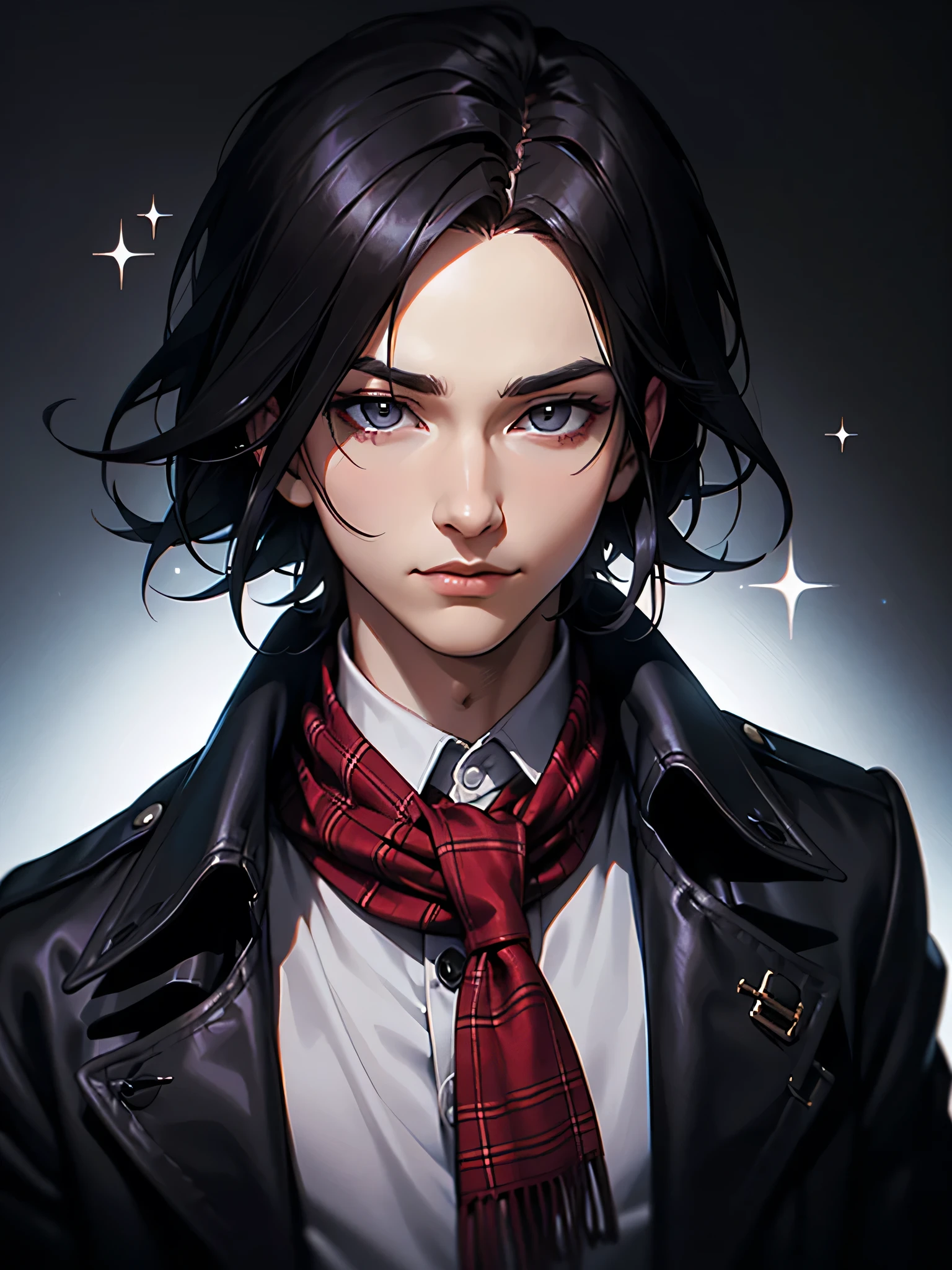 ((Portrait)), He has a Charismatic, Black-Haired Appearance, with a Slim, Yet Fit Build and a Self-Assured Aura. His Light Gray Eyes Sparkle with Wit and Charm, Giving Off a Youthful and Dynamic Look. His Short, Tousled Black Hair Frames His Face. He Wears a Stylish Black Trench Coat over a Red Plaid Vest, Paired with a Black Scarf. His Outfit Gives Off a Sleek and Fashionable Vibe. ((Portrait, HDR, Dark Background))