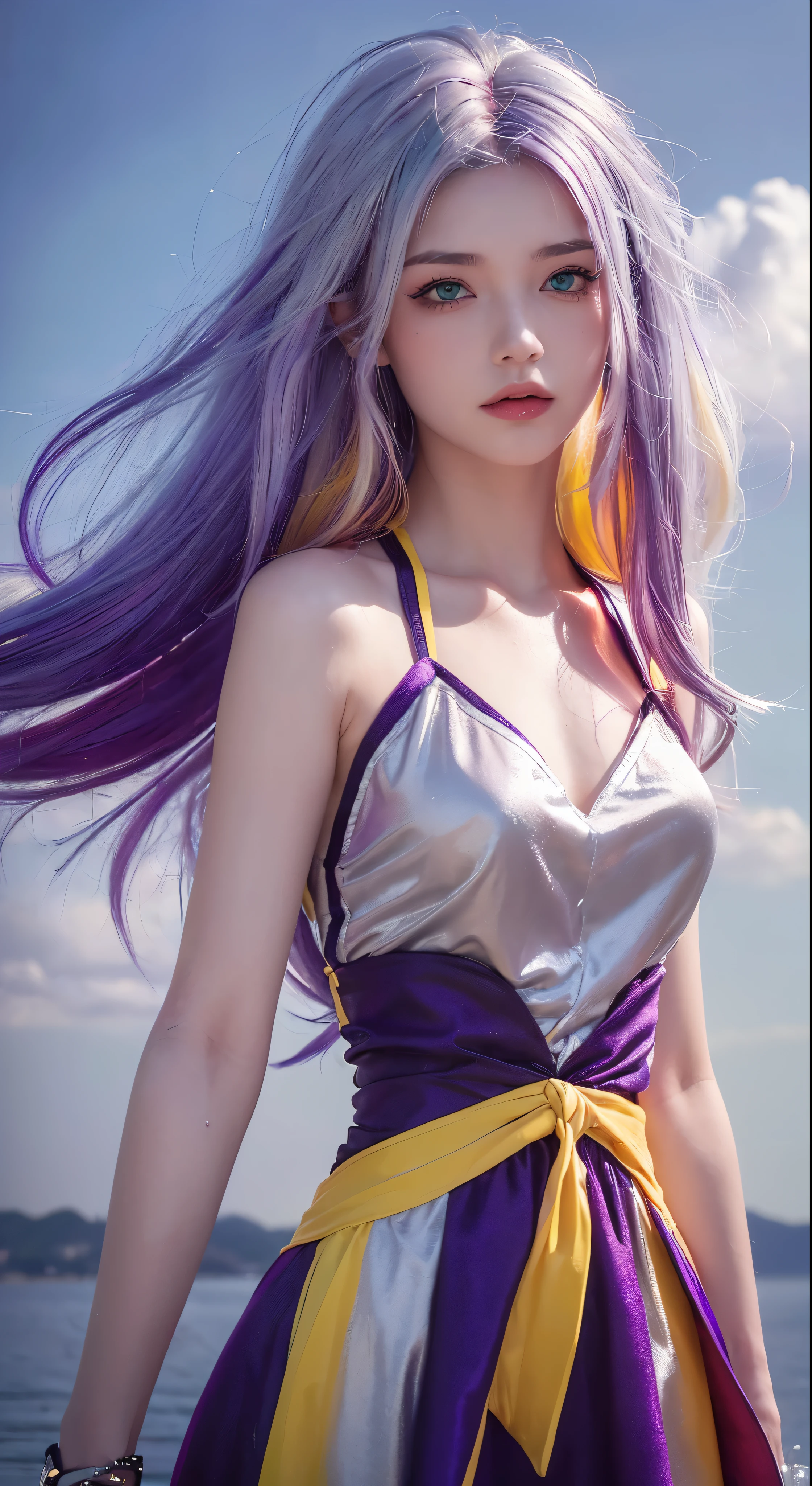 1.5),(1 girl),(dynamic pose),(multicolored hair+silver hair:1.3+red hair:1.2+purple hair+yellow hair:1.3+green hair:1.3),(blue eyes),(neck ribbon),(floating),(cloud),(too many drops of water),(twilight),(watercolor),(wide shot)