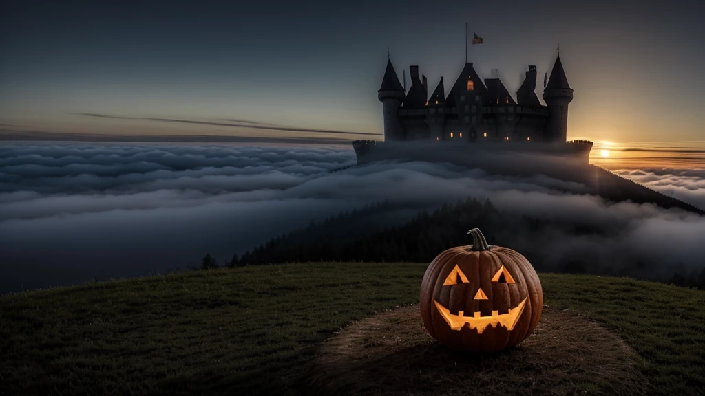 
A large monster with a pumpkin head, on top of a throne, this monster is surrounded by fog on top of a castle, he has servants serving him, and these servants are little pumpkin monsters, this monster has an orange staff