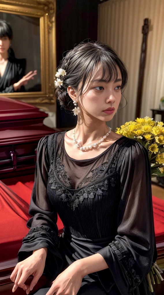 Cowboy Shot、(Updo with bangs)、straggling hair、Black Hair、(Hanging Hair)、((widow))、((((Sad face))))、((mourning dress))、((((Black long sleeve mourning clothes))))、(((Japanese-style room)))、((((Funeral))))、Black formal wear、Highest quality,(RAW Photos:1.2)、(Realistic:1.4),(High resolution:1.4), 1 Girl, Written boundary depth,, Exquisitely crafted,8K, Very detailed, Perfect lighting, Spectacular Background、((Delicate painting))，(女の子の詳細なRAW Photos),(Highest quality:1.6), (超High resolution:1.5), (Realistic:1.75), 8K resolution, Canon EOS R5, 50mm,  Very detailedな,Cinema Lighting,Correct finger、sit、Pearl Necklace、Pearl Earrings、(Clothing that covers the chest)、((There is a coffin))、((Minimally revealing clothing))、(The altar is decorated with a bouquet of chrysanthemums.)、candlestick、