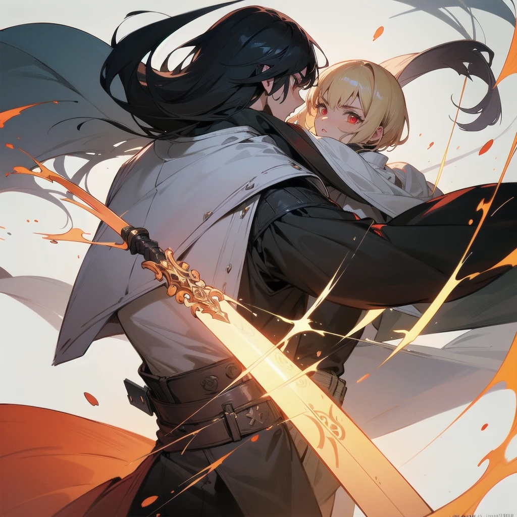 2Boy, Masterpiece, smooth, two skilled warriors fighting with swords, void-like white background, one had black hair and holding a white sword, engraved patterns, glowing elements, looking at each other, curved ornate sword, other had a blonde hair and red eyes, Rudra, determined expression, the other warrior's facing the viewer, sleek futuristic combat attire, high-tech elements, dual-edged energy sword, agile movements, tactical evasion, soft ambient lighting, intense and dynamic duel, back view,