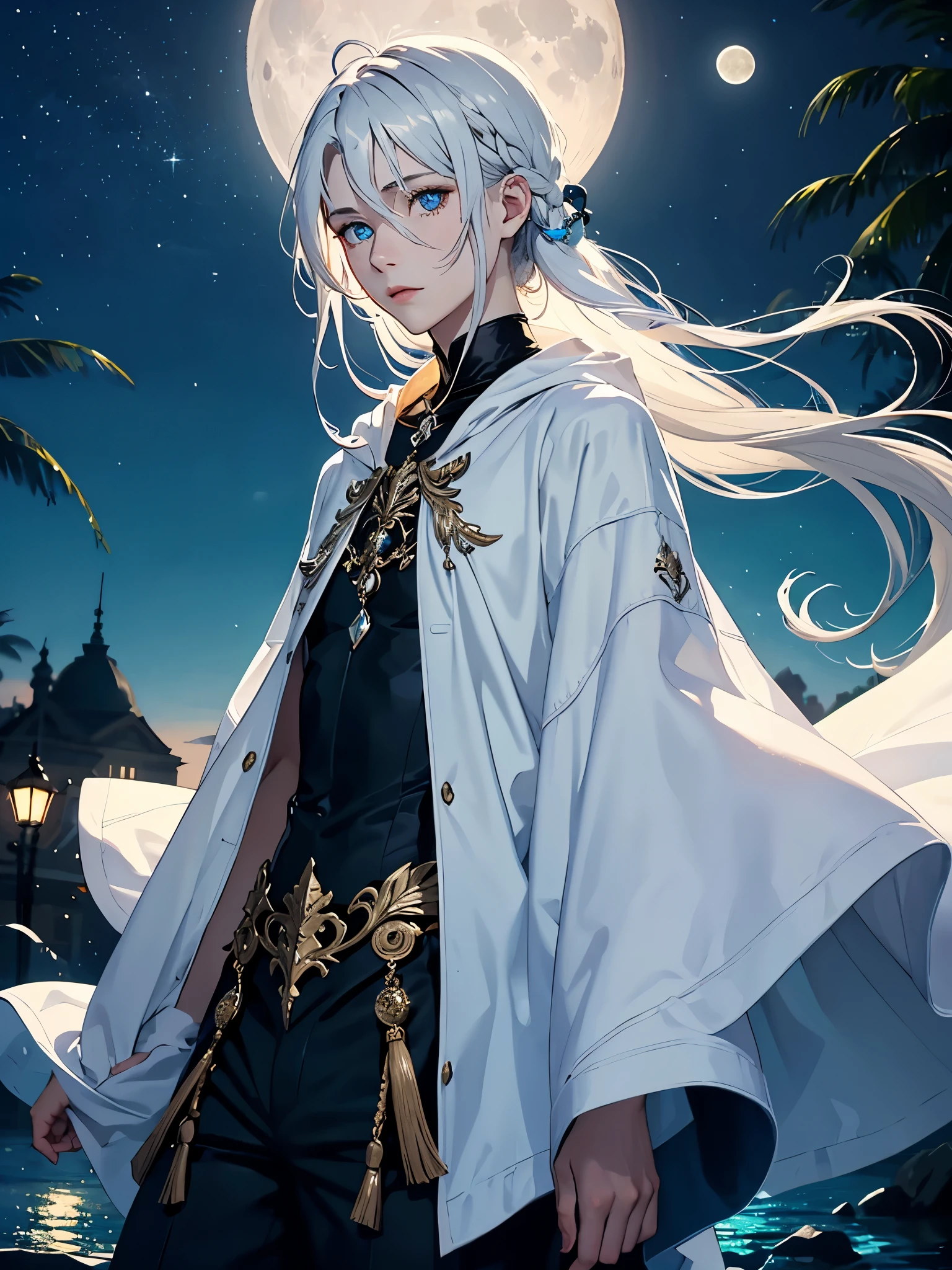 Göttin. Weiblicher. Weiße kleidung. Hellblaue schmetterlinge. Weiblich. Long hair. long white hair. aquatic, boy, Goddess of the Moon, silver hair accessories, White hair, White dress, cape, at night, saturated colors, light eyes, bright, light blue light, blue eyes, Jewelry silver, bluish light, Full moon in the background, aquatic in der Luft rosa kerzen