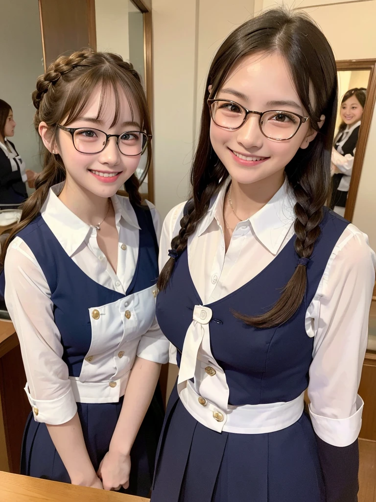 Highest quality、masterpiece、、Very detailed、Realistic、(Two Girls)、(Looking at me with a smile:1.5)、whole body、Small face、(Slender:1.2)、(Big Breasts)、Glasses、(Waitress Uniform)、Braid、Erect nipples、(Anna Miller&#39;s uniform:1.2)、apron、(Showing off her panties by holding them with both hands:1.2)