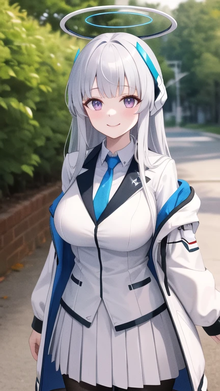 masterpiece, best quality, highres, aanoa, long hair, headgear, mechanical halo, large breasts, blue necktie, white shirt, off shoulder, white jacket, open jacket, long sleeves, white skirt, pleated skirt, black pantyhose, standing, cowboy shot, outdoors, smile