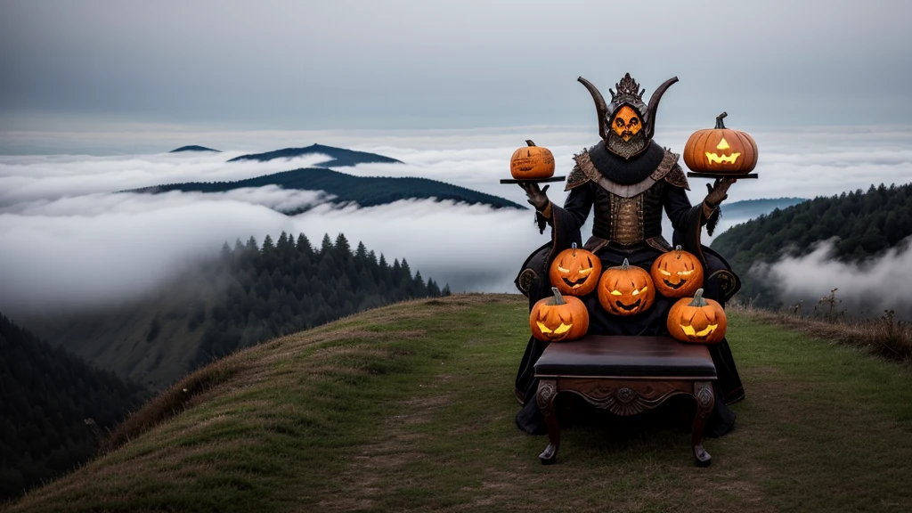 
A large monster with a pumpkin head, on top of a throne, this monster is surrounded by fog on top of a castle, he has servants serving him, and these servants are little pumpkin monsters, this monster has an orange staff