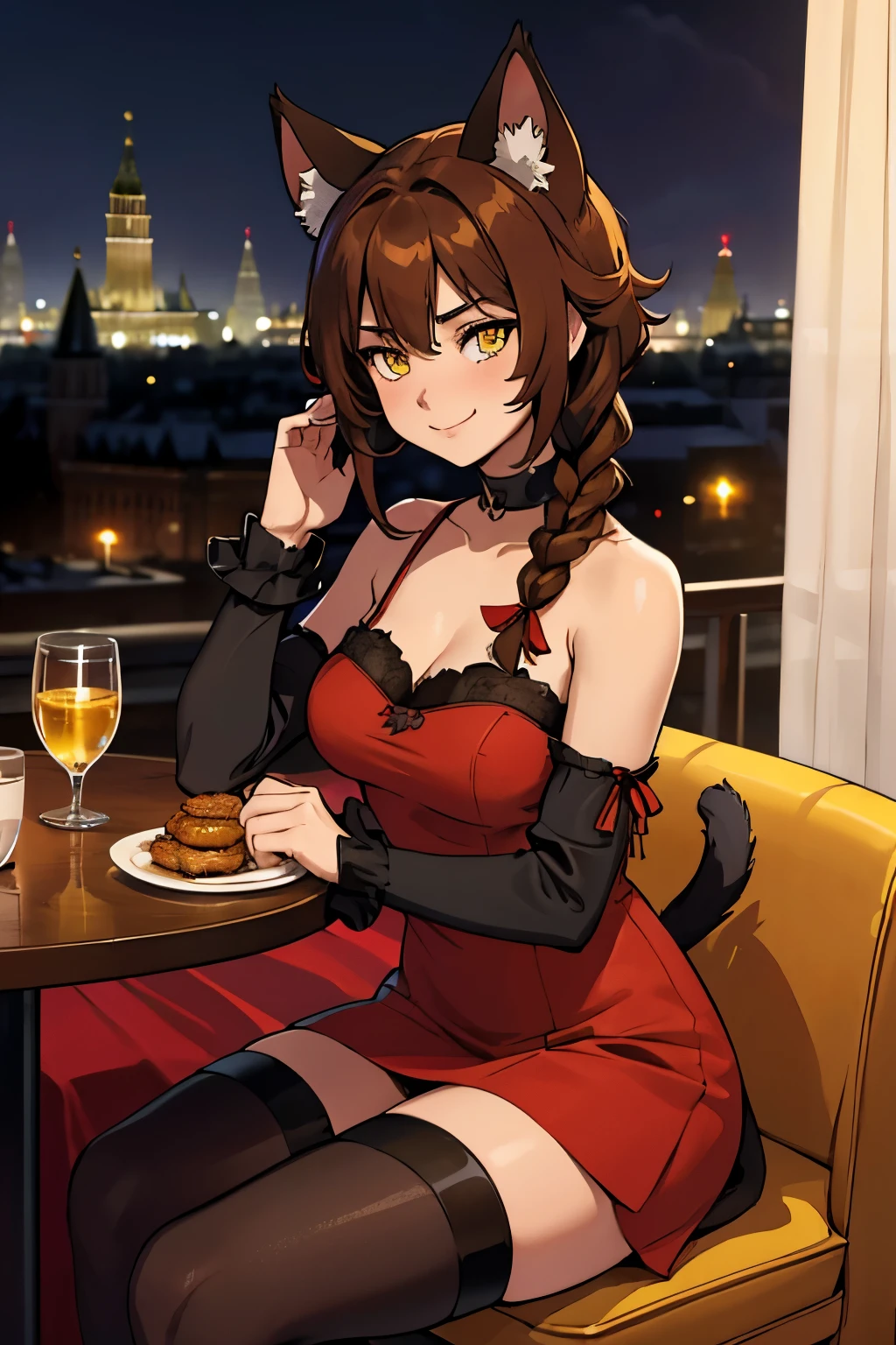 ....... 16 years old, smile Cat girl ( cat ears, shaggy medium length brown hair with one 1 short braid, brown cat tail, yellow eyes, ))))............... Sexy red red dress.... Black black black stockings.... having dinner at a luxurious restaurant overlooking Red Square and the Moscow Kremlin in Moscow