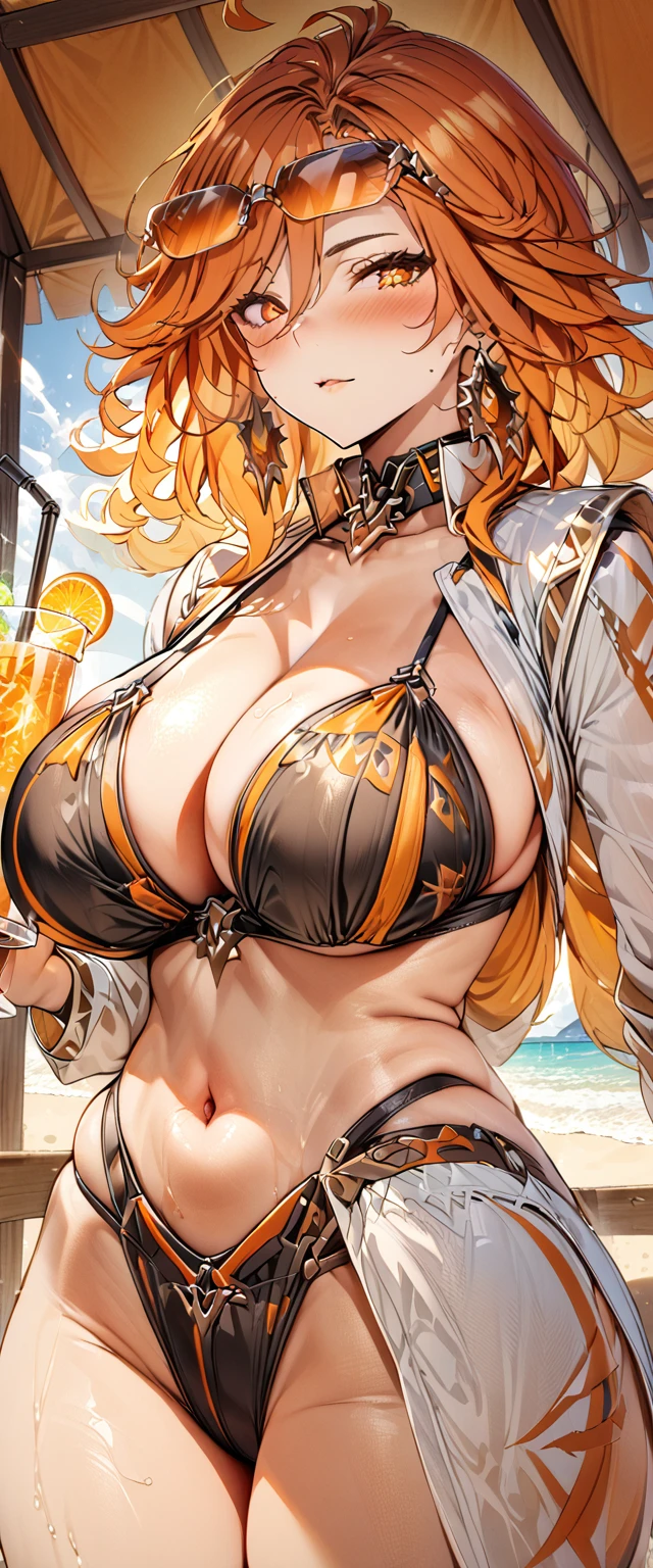 (masterpiece), best quality, expressive eyes, perfect face,1girl,mavuika,big breasts,curvy,black string bikini,orange sunglasses,orange lens,strap gap,drink,holding drink,beach,beach bar,blush,cowboy shot,looking at viewer
