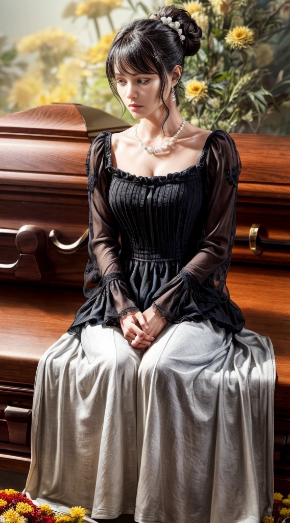 Cowboy Shot、(Updo with bangs)、straggling hair、Black Hair、(Hanging Hair)、((widow))、((((Sad face))))、((mourning dress))、((((Black long sleeve mourning clothes))))、((((Funeral))))、Black formal wear、Highest quality,(RAW Photos:1.2)、(Realistic:1.4),(High resolution:1.4), 1 Girl, Written boundary depth,, Exquisitely crafted,8K, Very detailed, Perfect lighting, Spectacular Background、((Delicate painting)),(女の子の詳細なRAW Photos),(Highest quality:1.6), (超High resolution:1.5), (Realistic:1.75), 8K resolution, Canon EOS R5, 50mm, Very detailedな,Cinema Lighting,Correct finger、sit、Pearl Necklace、Pearl Earrings、(Clothing that covers the chest)、((There is a coffin))、((Minimally revealing clothing))、(The altar is decorated with a bouquet of chrysanthemums.)、candlestick、