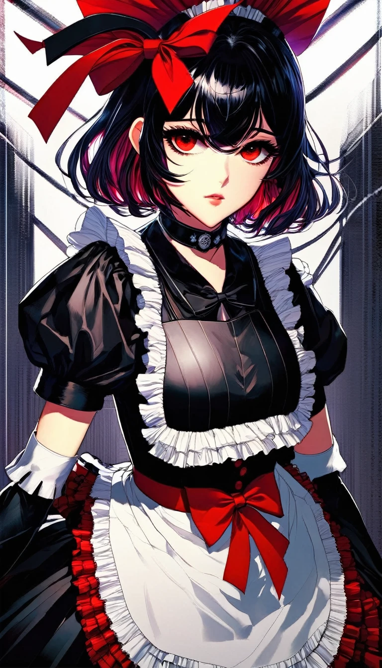 1girl, solo, Ellen_Joe, Zenless-Zone-Zero, short black hair with red highlights, red eyes, maid outfit, black dress with white frills, white apron with black bows, spiked choker, serious expression, red background, detailed clothing, high-quality anime art, dramatic lighting, dynamic low angle, close-up shot, intense gaze, professional illustration, bold colors, high contrast, modern anime style, head tilt, black gloves, belt with red ribbon, white ruffled headband, soft shading, chest focus, intricate design, dark atmosphere, high-detail, intricate details, ellen joe, black hair, colored inner hair, multicolored hair, (red eyes:1.3), red hair, short hair, two-tone hair, (art inspired by Bill Sienkiewicz). oil painting)
