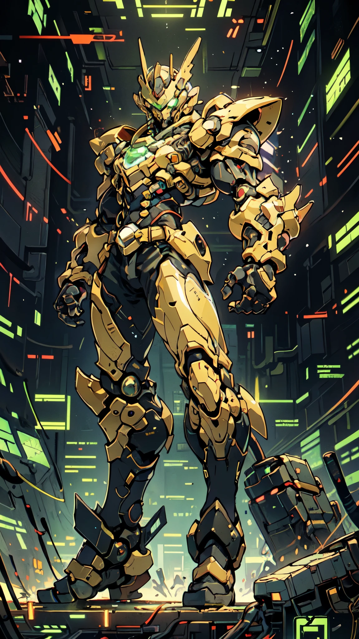 (masterpiece:1.5, best quality:1.5, extremely delicate:1.5, foreshortening:1.5, dynamic angle:1.5), a man wearing a full-face helmet, a fantasy-style biotech armored combat suit, green eyes, (a composite layered chest armor), fully enclosed shoulder guards, matching arm and leg guards, the belt is adorned with neon circuitry, (the color scheme is primarily black with green white accents), the design balances heavy with agility, a high-tech bio-mecha armor, (Armor Concept Inspired by neon Cyberpunk, stand on the top of a skyscraper in a futuristic sci-fi city), this character embodies a finely crafted fantasy-surreal style armored hero in anime style, exquisite and mature manga art style, (element, plasma, energy, the armor glows), ((male:1.5)), metallic, high definition, highres, ultra-detailed, ultra-fine painting, professional, perfect body proportions, golden ratio, anatomically correct, symmetrical face, extremely detailed eyes and face, high quality eyes, creativity, RAW photo, UHD, 32k, Natural light, cinematic lighting, masterpiece-anatomy-perfect