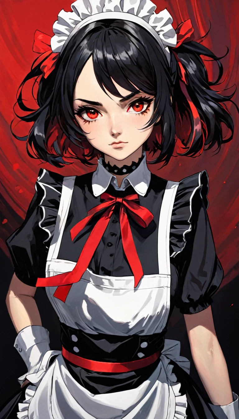 1girl, solo, Ellen_Joe, Zenless-Zone-Zero, short black hair with red highlights, red eyes, maid outfit, black dress with white frills, white apron with black bows, spiked choker, serious expression, red background, detailed clothing, high-quality anime art, dramatic lighting, dynamic low angle, close-up shot, intense gaze, professional illustration, bold colors, high contrast, modern anime style, head tilt, black gloves, belt with red ribbon, white ruffled headband, soft shading, chest focus, intricate design, dark atmosphere, high-detail, intricate details, ellen joe, black hair, colored inner hair, multicolored hair, (red eyes:1.3), red hair, short hair, two-tone hair, (art inspired by Bill Sienkiewicz). oil painting)
