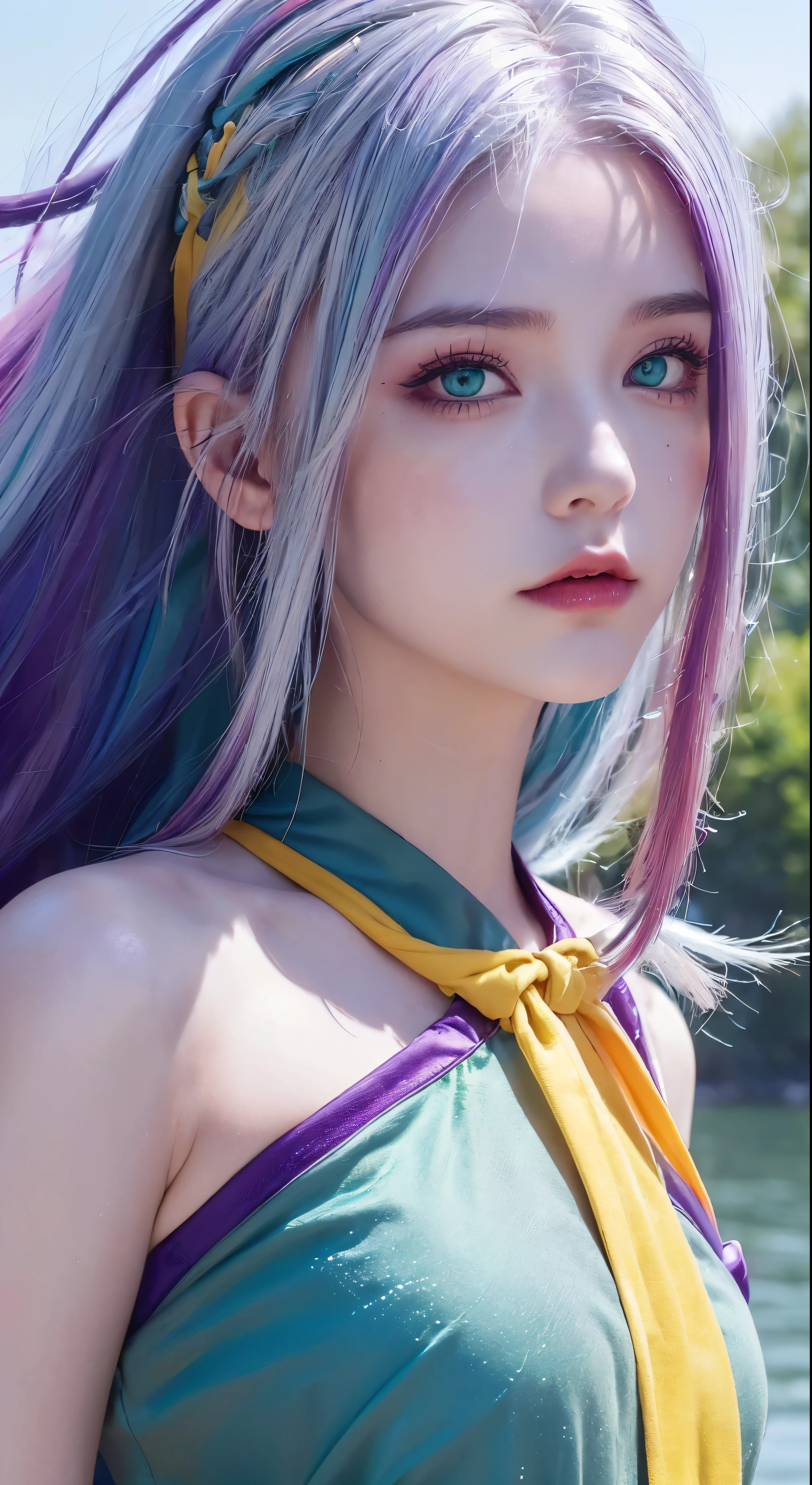 1.5),(1 girl),(dynamic pose),(multicolored hair+silver hair:1.3+red hair:1.2+purple hair+yellow hair:1.3+green hair:1.3),(blue eyes),(neck ribbon),(floating),(cloud),(too many drops of water),(twilight),(watercolor),(wide shot)