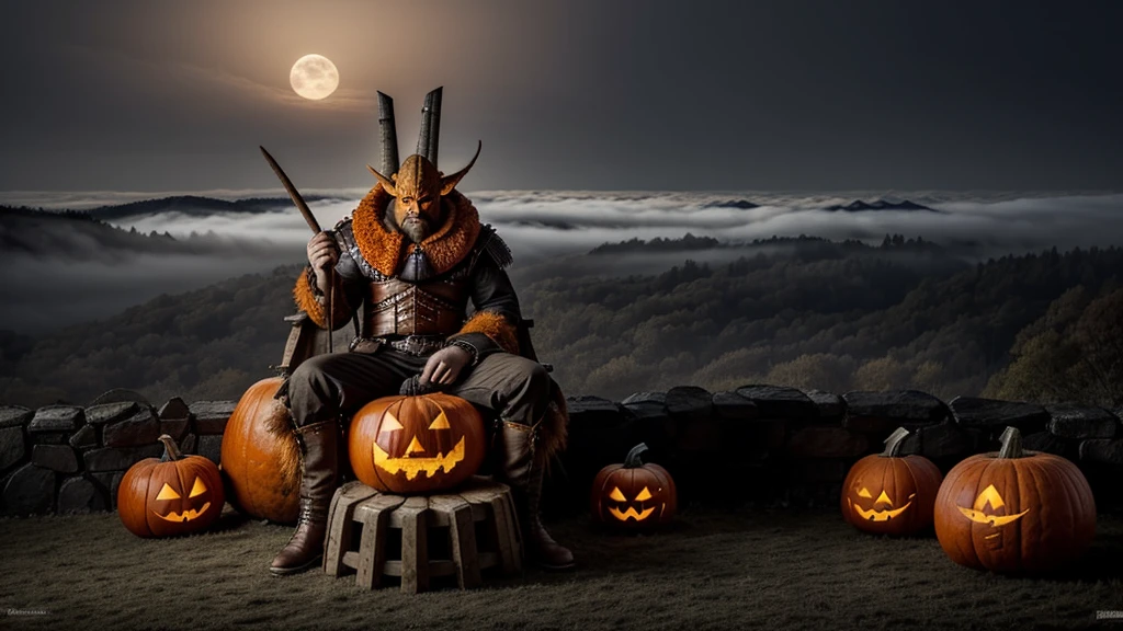 A large monster with a pumpkin head, on top of a throne, this monster is surrounded by fog on top of a castle, he has servants serving him, and these servants are little pumpkin monsters, this monster has an orange staff, and has a beautiful redheaded woman on his lap
