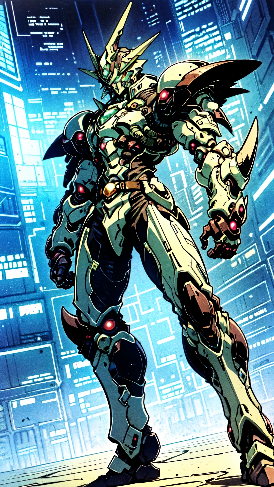 (masterpiece:1.5, best quality:1.5, extremely delicate:1.5, foreshortening:1.5, dynamic angle:1.5), a man wearing a full-face helmet, a fantasy-style biotech armored combat suit, green eyes, (a composite layered chest armor), fully enclosed shoulder guards, matching arm and leg guards, the belt is adorned with neon circuitry, (the color scheme is primarily black with green white accents), the design balances heavy with agility, a high-tech bio-mecha armor, (Armor Concept Inspired by neon Cyberpunk, stand on the top of a skyscraper in a futuristic sci-fi city), this character embodies a finely crafted fantasy-surreal style armored hero in anime style, exquisite and mature manga art style, (element, plasma, energy, the armor glows), ((male:1.5)), metallic, high definition, highres, ultra-detailed, ultra-fine painting, professional, perfect body proportions, golden ratio, anatomically correct, symmetrical face, extremely detailed eyes and face, high quality eyes, creativity, RAW photo, UHD, 32k, Natural light, cinematic lighting, masterpiece-anatomy-perfect