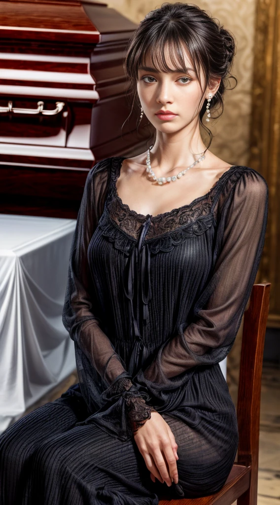 Cowboy Shot、(Updo with bangs)、straggling hair、Black Hair、(Hanging Hair)、((widow))、((((Sad face))))、((mourning dress))、((((Black long sleeve mourning clothes))))、((((Funeral))))、Black formal wear、Highest quality,(RAW Photos:1.2)、(Realistic:1.4),(High resolution:1.4), 1 Girl, Written boundary depth,, Exquisitely crafted,8K, Very detailed, Perfect lighting, Spectacular Background、((Delicate painting)),(女の子の詳細なRAW Photos),(Highest quality:1.6), (超High resolution:1.5), (Realistic:1.75), 8K resolution, Canon EOS R5, 50mm, Very detailedな,Cinema Lighting,Correct finger、sit、Pearl Necklace、Pearl Earrings、(Clothing that covers the chest)、((There is a coffin))、((Minimally revealing clothing))、(The altar is decorated with a bouquet of chrysanthemums.)、candlestick、