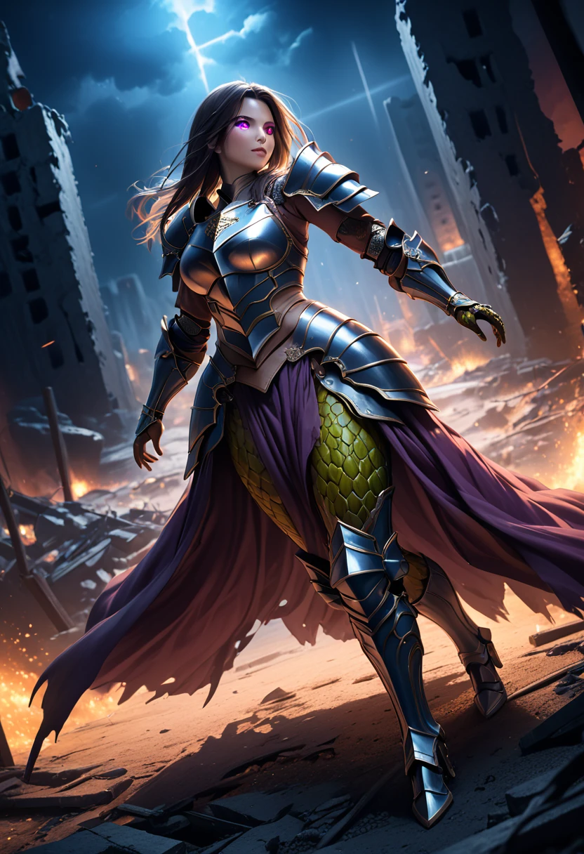 (masterpiece, top quality, best quality, beautiful and aesthetic:1.2), full body, SFW, extremely detailed, detailed eyes, detailed hands, cinematic light, depth of field, 1girl, seducing smile, solo, official, (armored knight:1.4), gorgon from fate, slim body, cinematic lighting, dramatic lighting, dramatic atmosphere, hyper-realistic, high resolution, stunning contrast, high quality, best quality, 8k, 4k, intricately detailed, (amazing details:1.2), highly detailed skin, powerful presence, vibrant colors, (detailed eyes:1.2), striking eyes, (detailed background), (warzone on background, night, ruins), (dynamic angle:1.2), (dynamic pose:1.2)