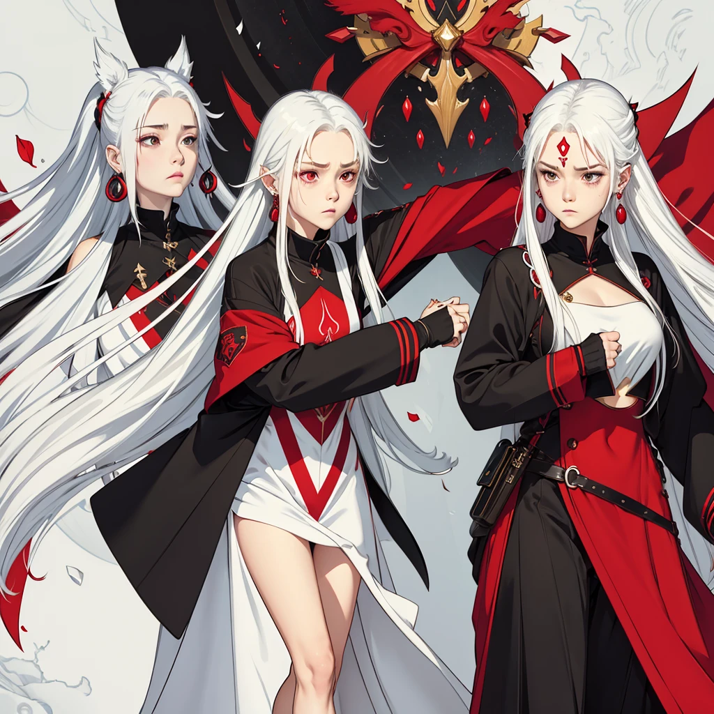 Kizi,long white hair,Eyes red,thin face,loose fighting clothes,red and black clothes,Red Earrings , serious face, 