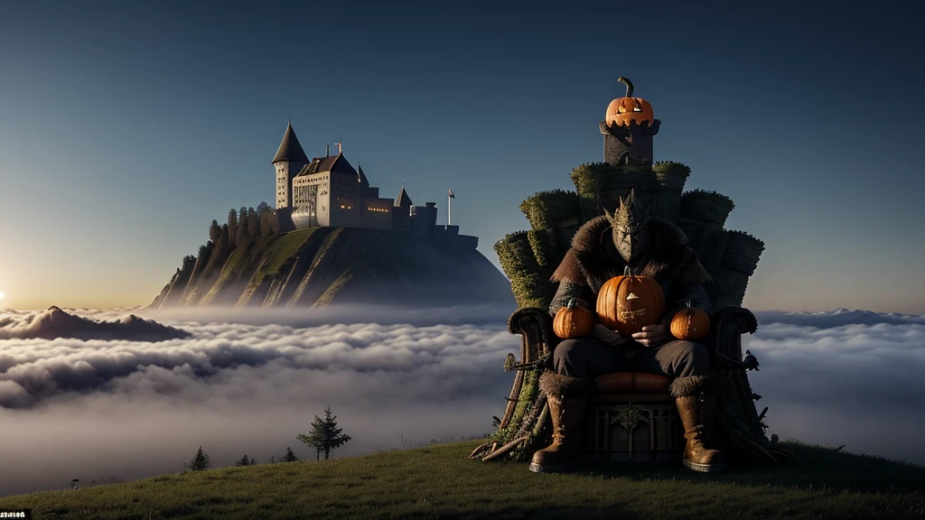 A large monster with a pumpkin head, on top of a throne, this monster is surrounded by fog on top of a castle, this monster has immeasurable power